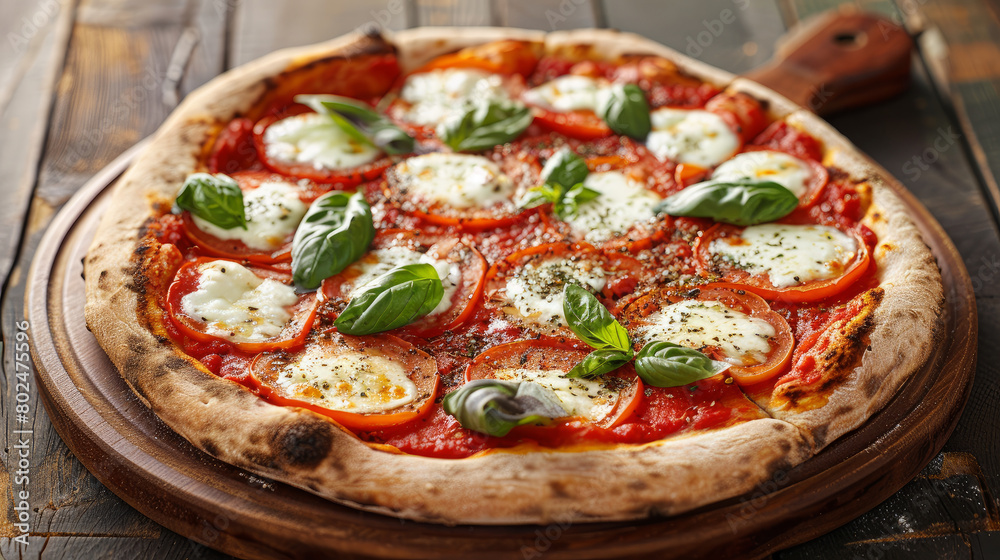 Enjoy a classic Italian Margherita pizza! It's made with tomatoes and mozzarella cheese. It is served on an old wooden board with space for you to add your own text or caption. Enjoy a classic Italian Margherita pizza! It's made with tomatoes and mozzarella cheese. It is served on an old wooden board with space for you to add your own text or caption.