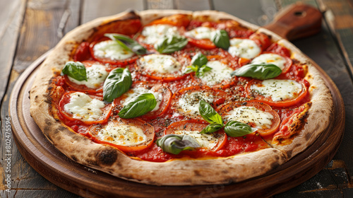 Enjoy a classic Italian Margherita pizza! It's made with tomatoes and mozzarella cheese. It is served on an old wooden board with space for you to add your own text or caption.