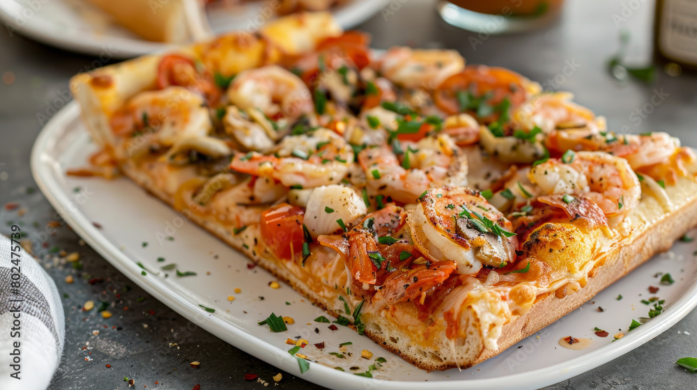 Enjoy a hot and delicious slice of pizza topped with your favorite seafood, meat, and vegetables. Whether it's for lunch or dinner, this classic Italian dish will satisfy your cravings.