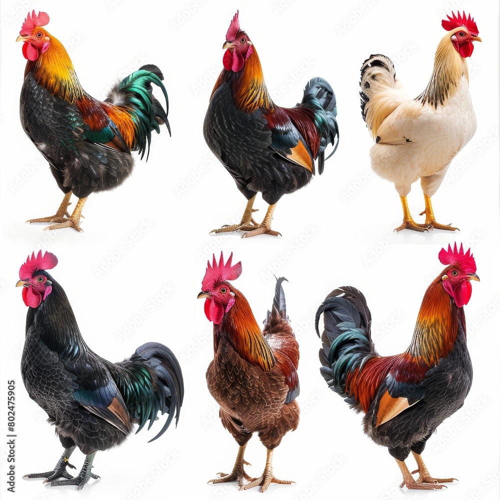 Fototapeta premium Color hens, different hens and roosters set isolated, chickens on white background