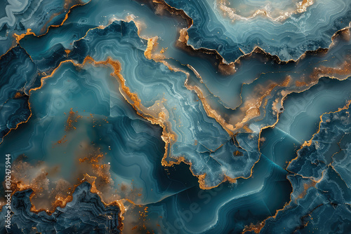 A topdown view of an intricate blue and gold marble pattern, showcasing the beauty in natural rock formations. Created with Ai photo