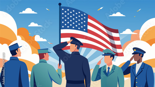 A tribute to all the brave men and women who have served these veterans salute the flag with unwavering reverence on this special day.. Vector illustration