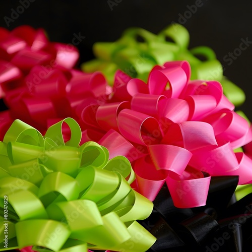 Colorful Gift Bows on Dark Background, Closeup, Pink and Green
