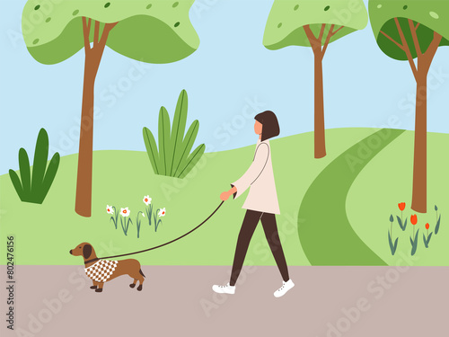 Cute girl walking with dog dachshund in overalls in spring city park or forest. Fall soothing outdoors landscape: trees, leaves, bushes and flowers in trendy funky figures style. Raster in flat style