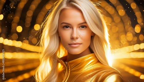 blonde beautiful young woman in golden suit in front of shining golden background