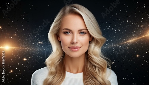 beautiful blonde young woman in front of universe, portrait