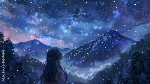 a girl looking at stars at night and starry sky, flying snowflakes, mountains and forests in the background © Moinul