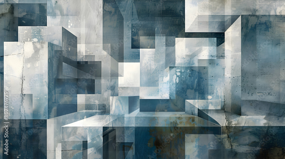 A high-definition photo of a geometric abstract with layered cubes and rectangles in cool blues and grays, suggesting a 3D perspective A high-definition photo of a geometric abstract with layered cubes and rectangles in cool blues and grays, suggesting a 3D perspective