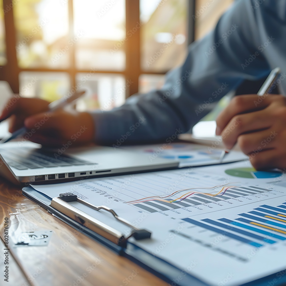 Person sitting at a desk with a laptop and clipboard, analyzing graphs and statistics.