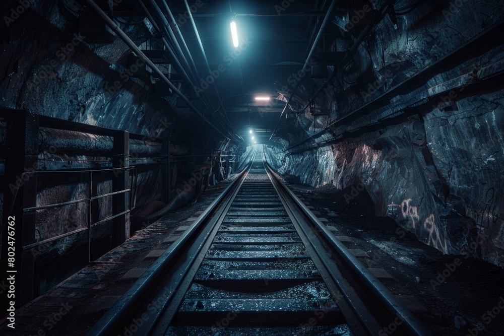 Empty tunnel, post-apocalyptic shelter, rails going into darkness conveyor belt in underground coal mine