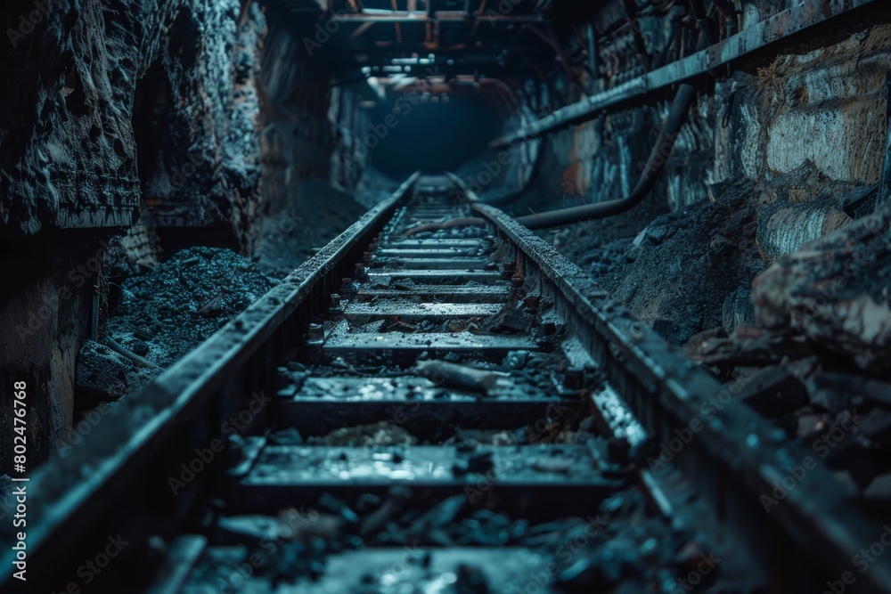 Naklejka premium Empty tunnel, post-apocalyptic shelter, rails going into darkness conveyor belt in underground coal mine