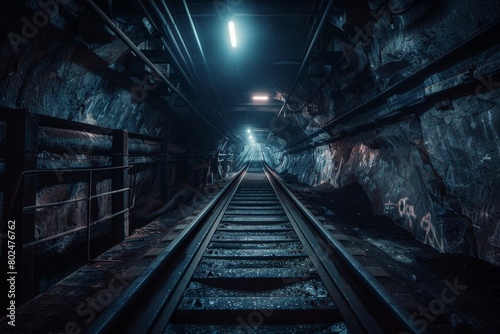 Empty tunnel, post-apocalyptic shelter, rails going into darkness conveyor belt in underground coal mine photo