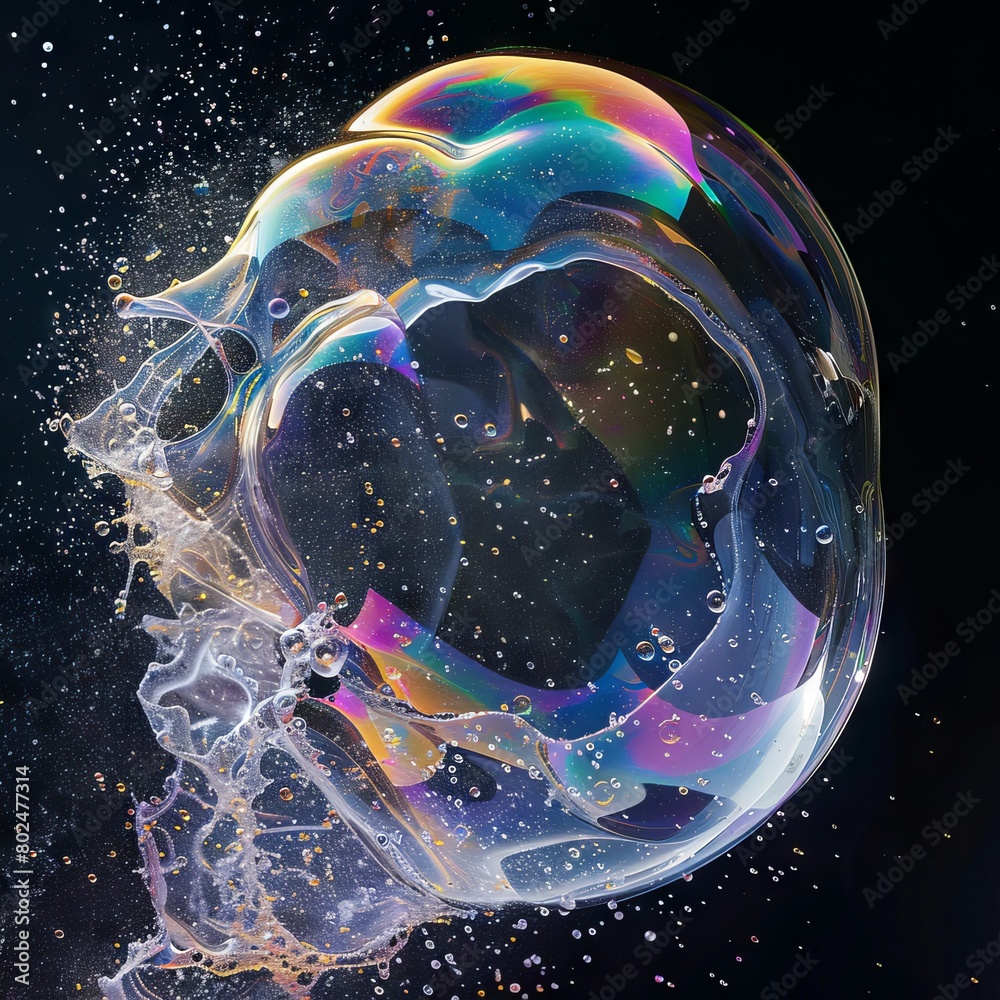 Bubble Burst: Freeze-frame of a bubble popping, capturing the intricate patterns and colors of the moment of explosion. 