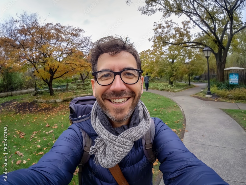 Fototapeta premium Smiling man with glasses taking a selfie in a park with autumn foliage.