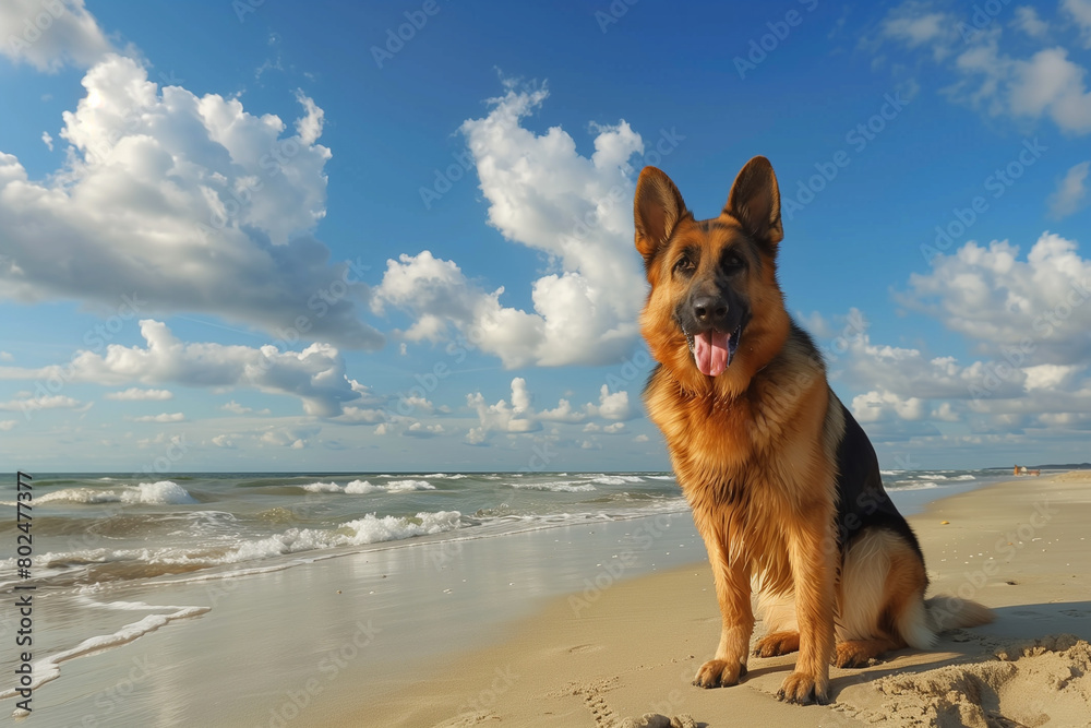 German Shepherd Sitting on Sandy Beach. A happy German Shepherd sitting on a sandy beach under a blue sky with fluffy white clouds, tongue out. German Shepherd Sitting on Sandy Beach. A happy German Shepherd sitting on a sandy beach under a blue sky with fluffy white clouds, tongue out.