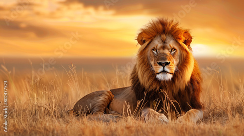 A lion is laying in the grass in the wild. A lion is laying in the grass in the wild. The sun is setting in the background, creating a warm and peaceful atmosphere