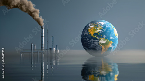 A large Earth globe and industrial smokestacks emitting smoke reflected on a smooth water surface.