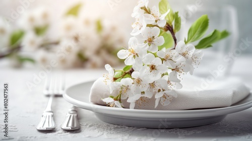 Spring table setting with cherry blossom twigs on light wooden background
