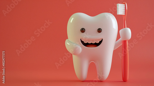 A cheerful, anthropomorphic tooth character holding a red toothbrush. The background is a solid, bright red. Copy space.