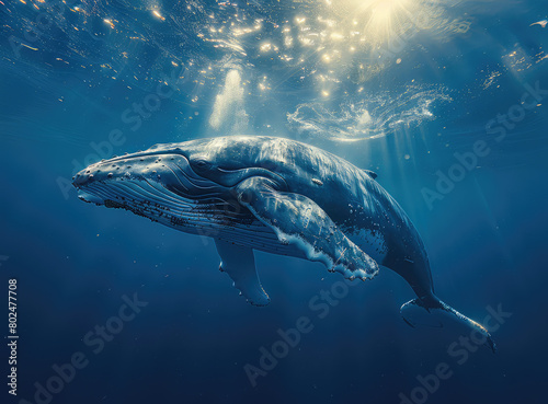 A majestic blue whale gracefully glides through the deep, crystalclear waters of an ocean that is aglow with sunlight filtering down from above. Created with Ai