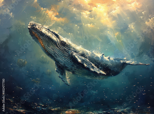A majestic blue whale gracefully glides through the deep, crystalclear waters of an oceanic landscape. Created with Ai