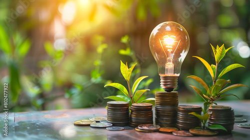 Sustainable Growth Concept with Lightbulb and Coins. Eco-friendly investment concept with a glowing light bulb growing on coin stacks, symbolizing profitable green energy solutions. photo