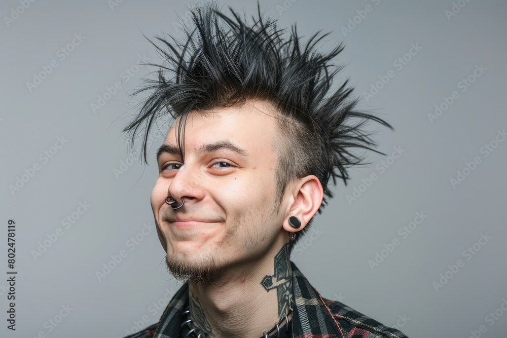 Obraz premium Unconventional Fun. Smiling Young Male with Punk Mohawk Hairdo Close Up Portrait on Gray Isolated
