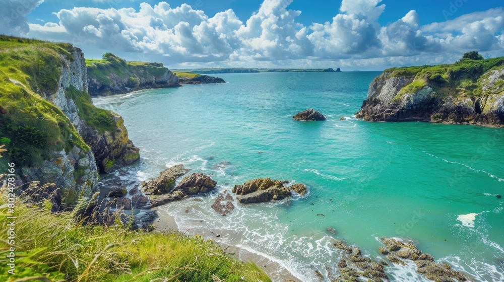 Fototapeta premium Sea at Secluded Cove on Lush Pembrokeshire Coastline with Wild Beach Waves and Serene