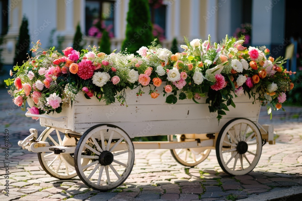 White Wagon with Flowers for Event and Wedding Decoration. Perfect for Party, Celebration, Flower