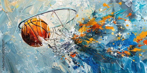 Illustration of dynamic basketball abstract art with paint splatters, dynamic, colorful, explosion, vibrant, sports background. Slam Dunk in Action.