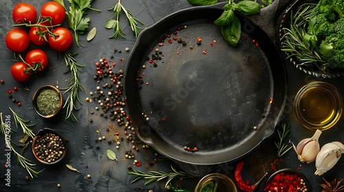 Food background with free space for text, Herbs, olive oil, spices around cast iron frying board, Top view