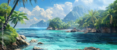Idyllic tropical beach with palm trees and rocks