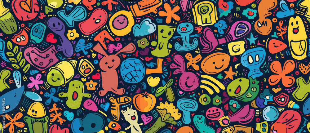 Eclectic Doodle Characters on Dark Background Eclectic Doodle Characters on Dark Background
