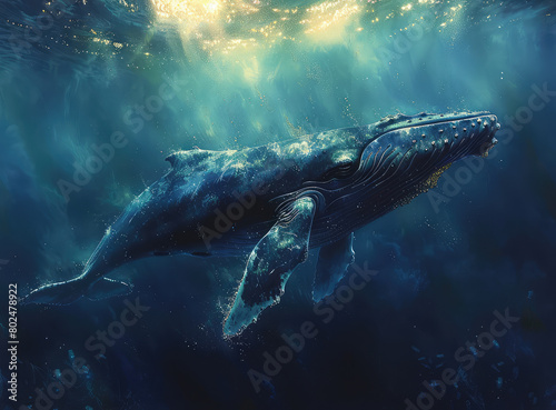 An awe-inspiring shot of the magnificent blue whale gracefully swimming in its ocean habitat  bathed in sunlight filtering through the water. Created with Ai