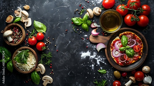 Food ingredients and spices for cooking mushrooms, tomatoes, cheese, onion, oil, pepper, salt, basil, olive and delicious italian pizza on black concrete background, Copyspace, Top view, Banner