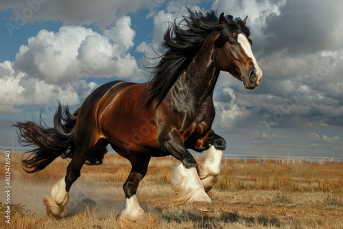 Shire Horse Clydesdale Horse. Powerful Draft Horse Standing Tall in Brown and Black Coat