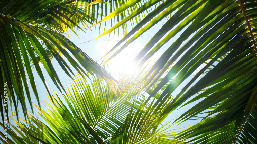Palm tree's vibrant green leaves sway gently against the backdrop of a sun-kissed tropical beach. Palm tree's vibrant green leaves sway gently against the backdrop of a sun-kissed tropical beach.