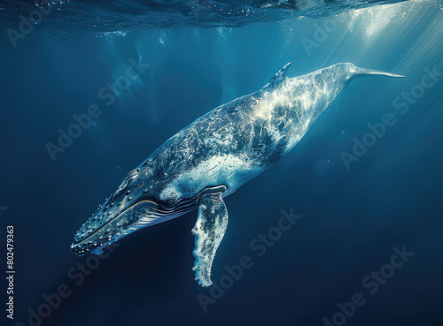 A humpback whale swimming in the deep blue ocean, sun rays shining through the water surface. Created with Ai © AllAbout