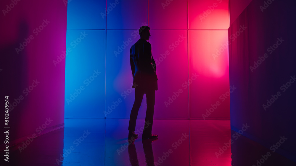 Silhouette of man against a dark background with neon inserts. A man poses against a dark background. Photo shoot concept. Silhouette of man against a dark background with neon inserts. A man poses against a dark background. Photo shoot concept.