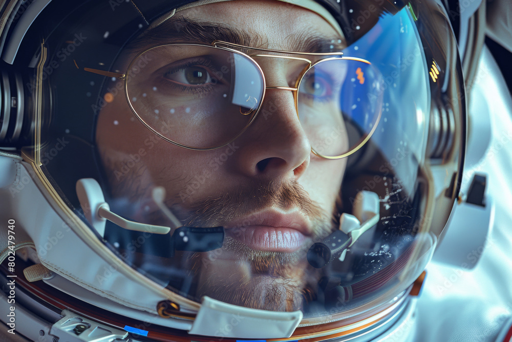 Space, reflection and astronaut man with helmet, future discovery and sci fi universe. Planet, aerospace mission and person in suit for travel adventure, research or science innovation with thinking