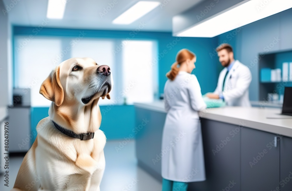A Labrador in a collar sits in a veterinary clinic, looking to the side. In the background are veterinarians and the reception desk.