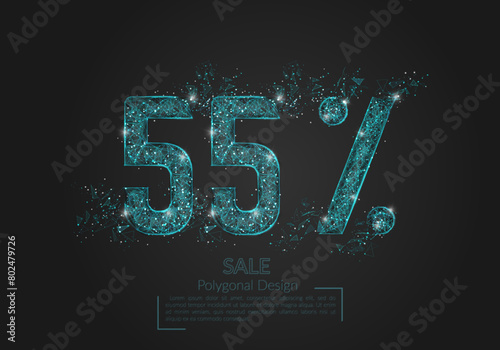 Abstract isolated blue 55 percent sale concept. Polygonal illustration looks like stars in the black night sky in space or flying glass shards. Digital design for website, web, internet.