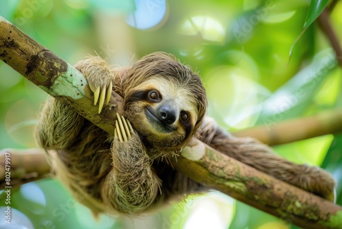 Relaxed Brown-Throated Three-Toed Sloth Hanging on Tree Branch in Costa Rican Rainforest 