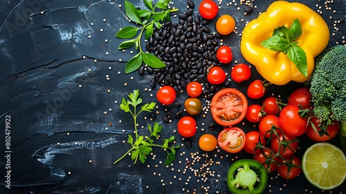 Frame of organic food, Fresh raw vegetables with black beans, On a black chalkboard photo