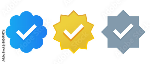 multi-colored icons - 2024 checkmarks for checking a profile. Profile verification checkmark icons. Blue, gold and gray icon