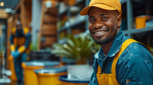 Portrait of a young African American man in a bright uniform working in the yard. Professional janitors work in the courtyard of a house. Ecology concept. photo