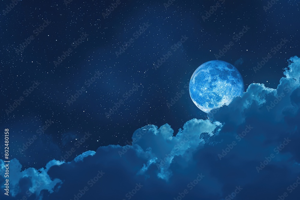 Marvelously Beautiful Blue Night Sky with Fullmoon, Stars and Clouds