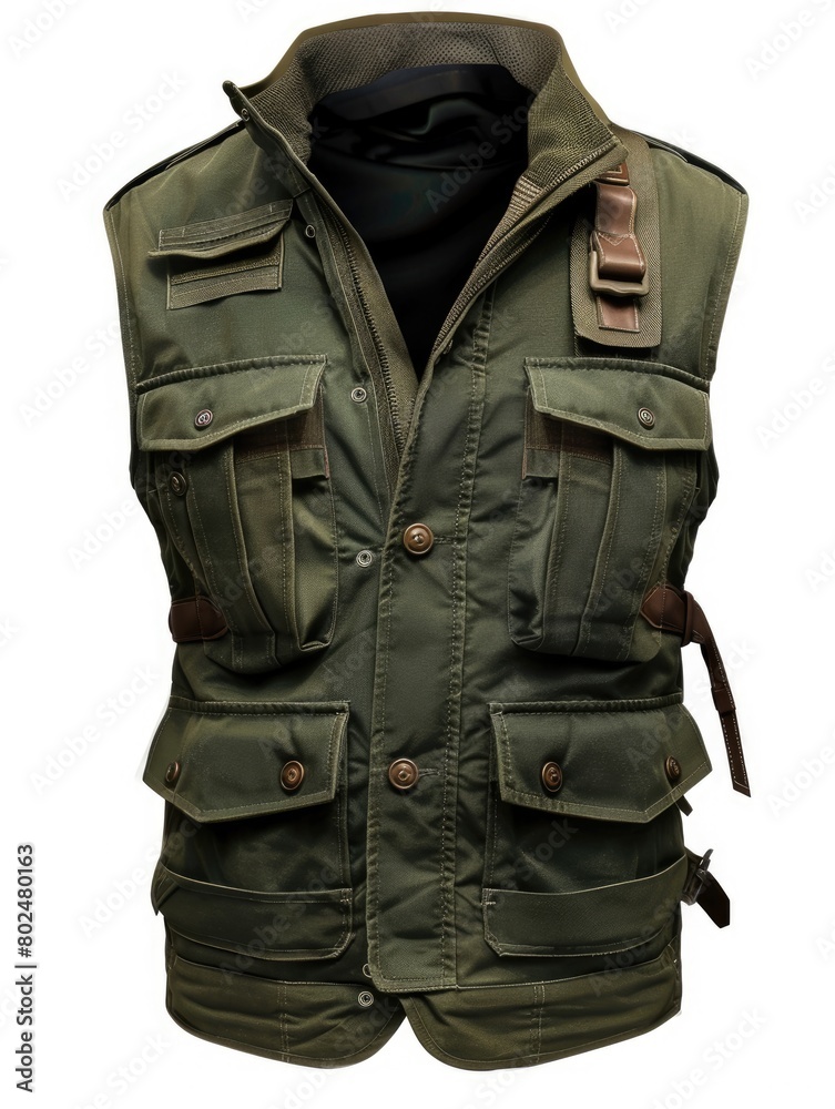 Man's Hunting Vest for Adventure in Tropical Green. Isolated Vest for Hunting or Sport Travel Man's Hunting Vest for Adventure in Tropical Green. Isolated Vest for Hunting or Sport Travel