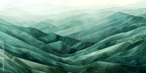 A photo of a complex geometric landscape with layers of shapes that create the illusion of mountains and valleys in muted green and brown tones