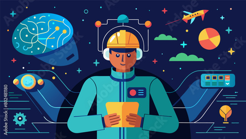 A neurodivergent engineer designing a new spaceship with innovative features that accommodate the sensory needs of all crew members.. Vector illustration